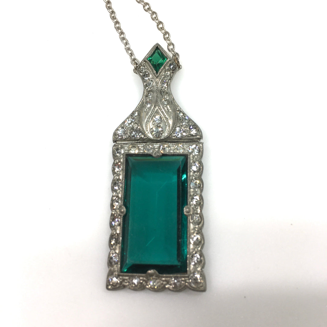 v749 Vintage Art Deco Style Rectangular Green and White Crystal Pendant Necklace