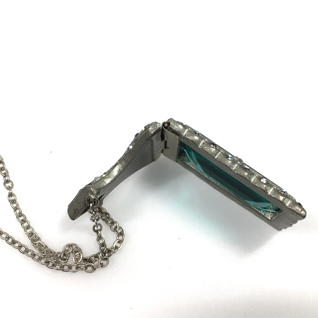 v749 Vintage Art Deco Style Rectangular Green and White Crystal Pendant Necklace