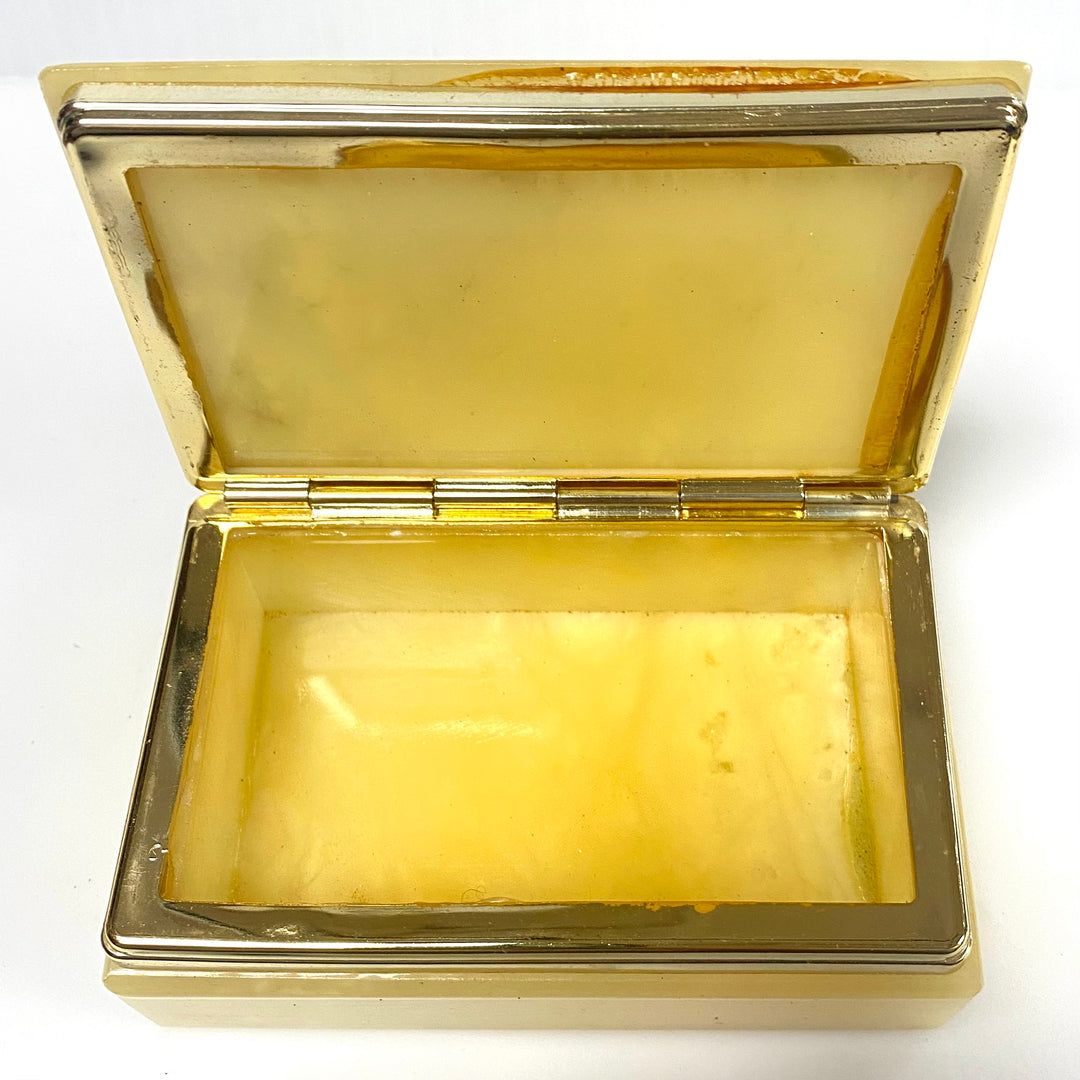 v753 Vintage Alabaster Hinged Jewelry Trinket Box Featuring Glossy Floral Design