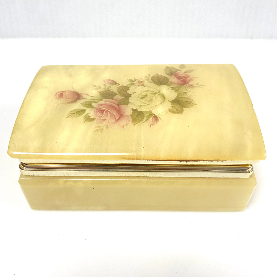 v753 Vintage Alabaster Hinged Jewelry Trinket Box Featuring Glossy Floral Design