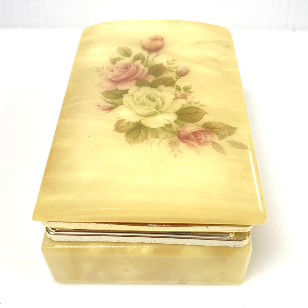 v753 Vintage Alabaster Hinged Jewelry Trinket Box Featuring Glossy Floral Design