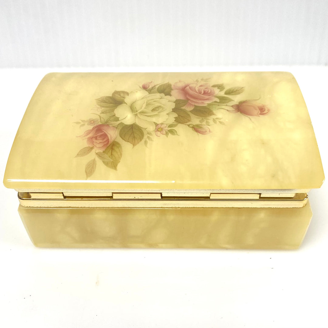 v753 Vintage Alabaster Hinged Jewelry Trinket Box Featuring Glossy Floral Design