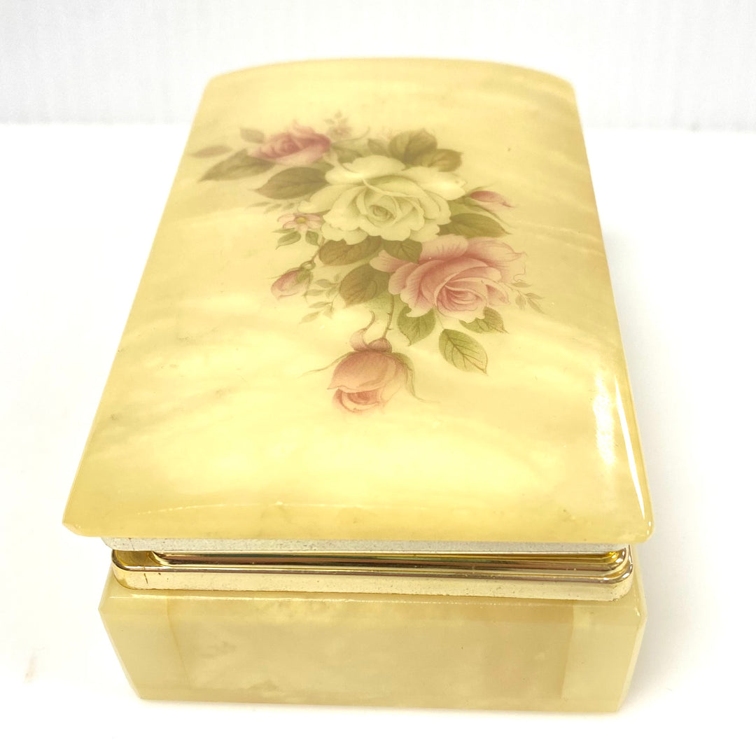 v753 Vintage Alabaster Hinged Jewelry Trinket Box Featuring Glossy Floral Design