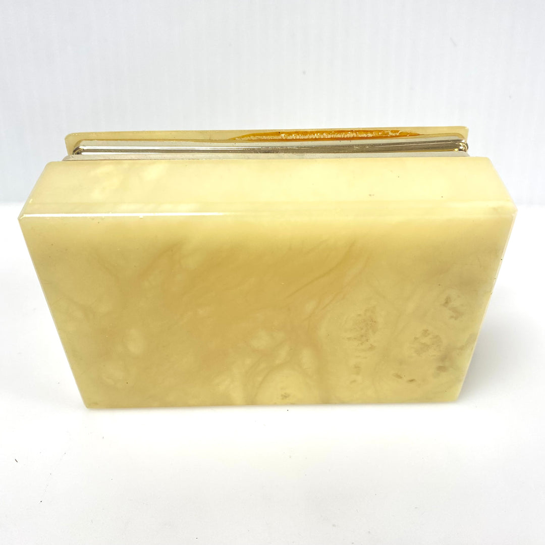 v753 Vintage Alabaster Hinged Jewelry Trinket Box Featuring Glossy Floral Design