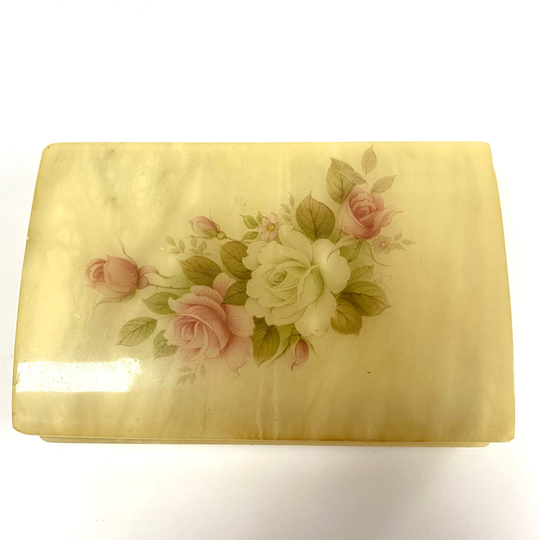v753 Vintage Alabaster Hinged Jewelry Trinket Box Featuring Glossy Floral Design