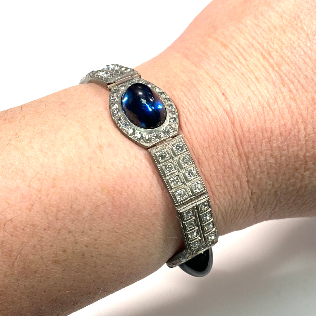 v767 Antique Silver Tone Cabochon Sapphires with rows of CZ Bracelet 7.25" Long