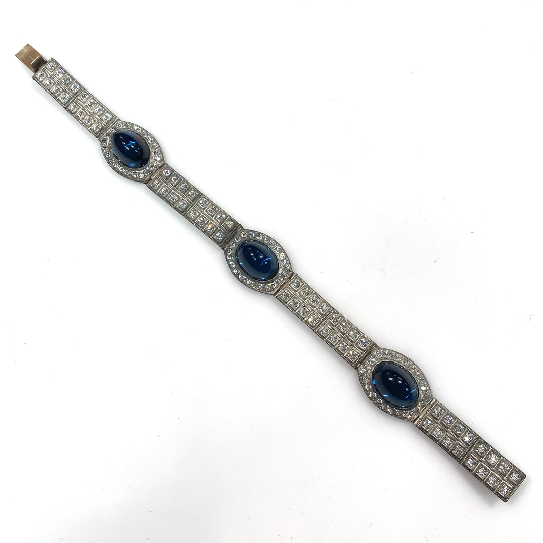 v767 Antique Silver Tone Cabochon Sapphires with rows of CZ Bracelet 7.25" Long