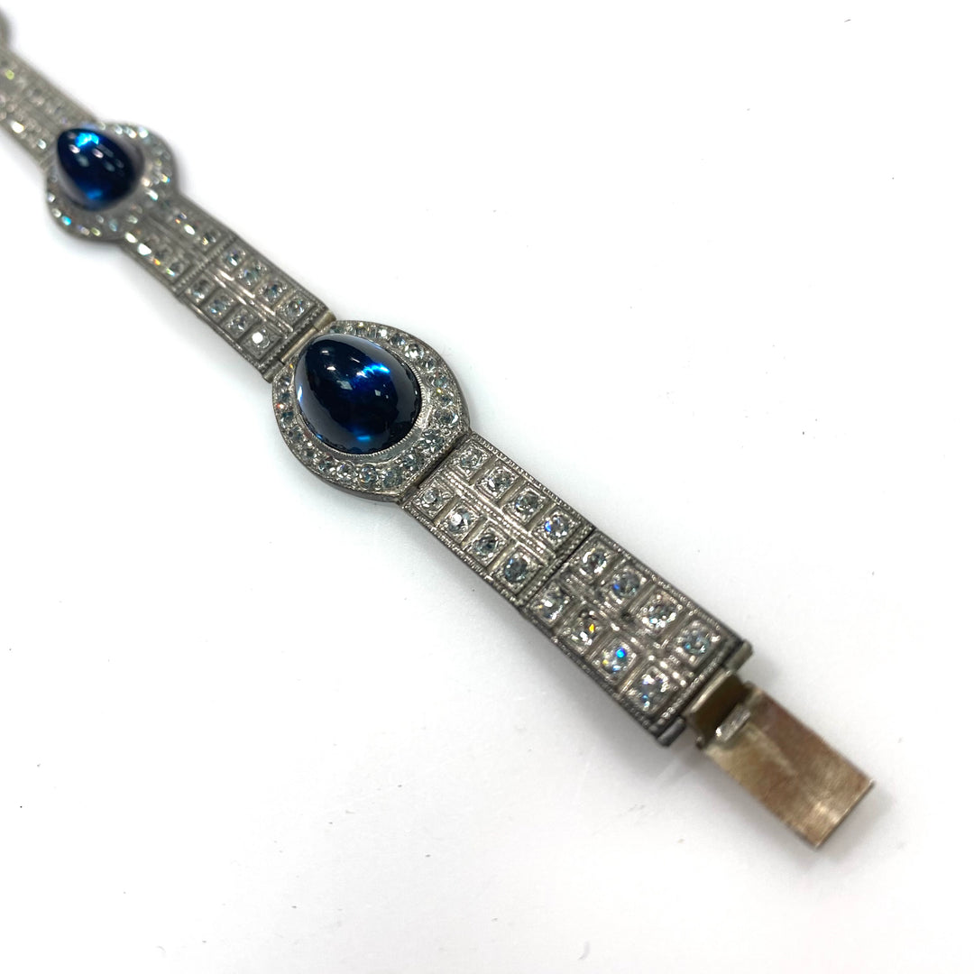 v767 Antique Silver Tone Cabochon Sapphires with rows of CZ Bracelet 7.25" Long