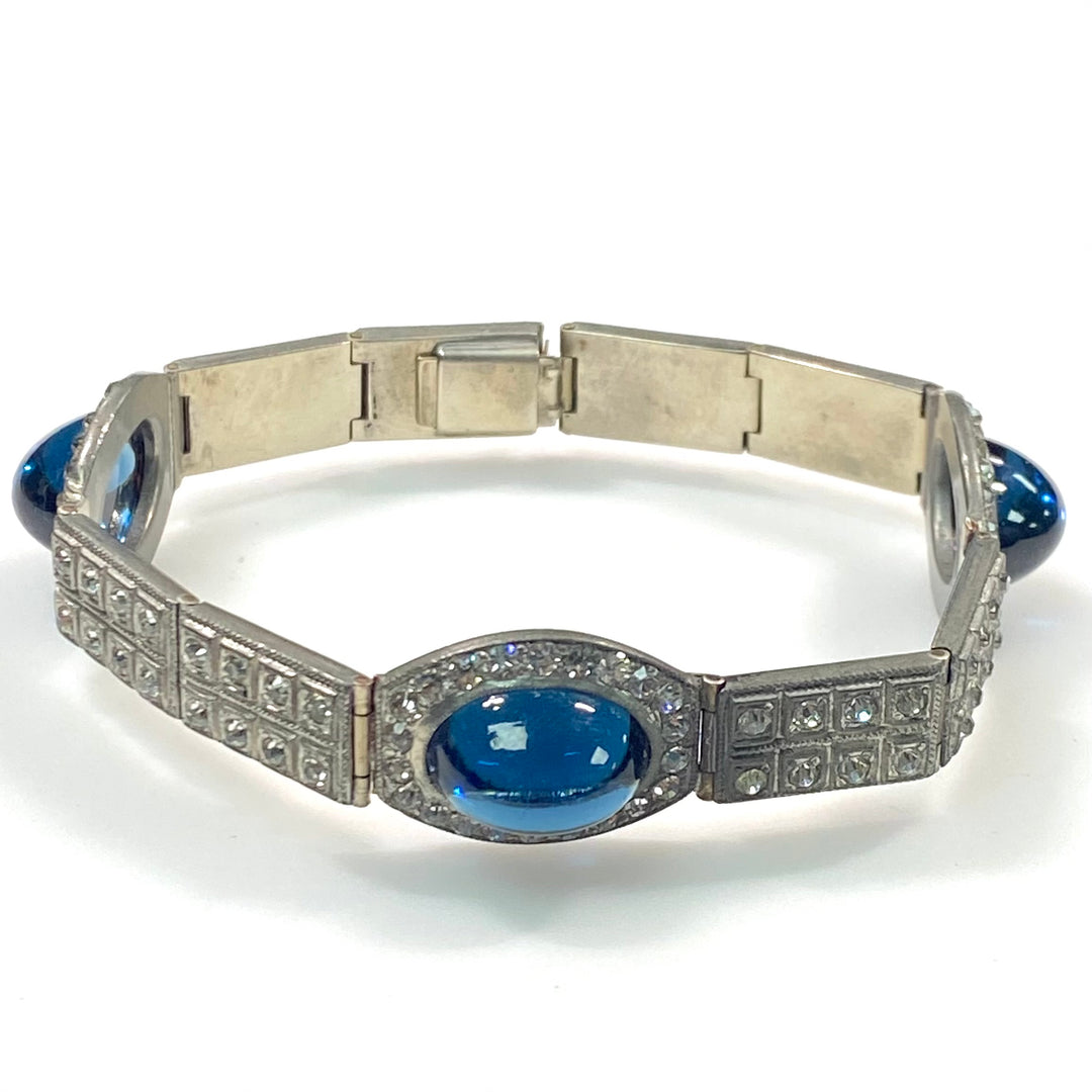 v767 Antique Silver Tone Cabochon Sapphires with rows of CZ Bracelet 7.25" Long