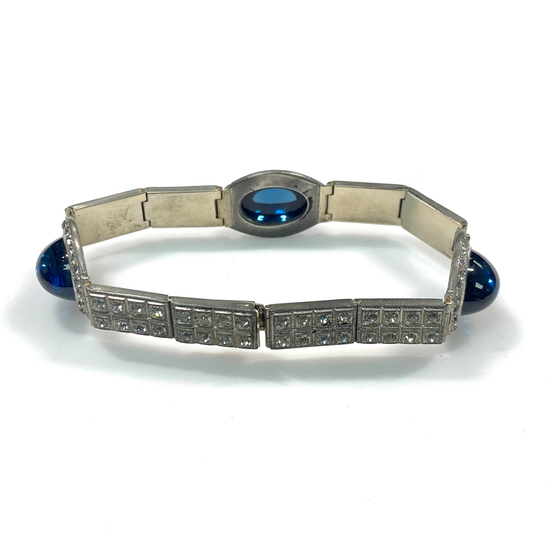 v767 Antique Silver Tone Cabochon Sapphires with rows of CZ Bracelet 7.25" Long
