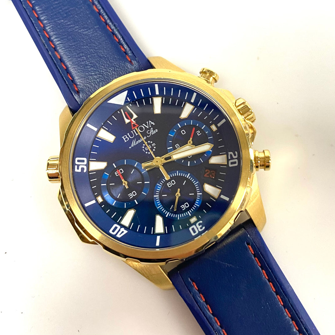 v777 Bulova Marine Star Chronograph Model 97B168 Stainless Steel Men Wrist Watch