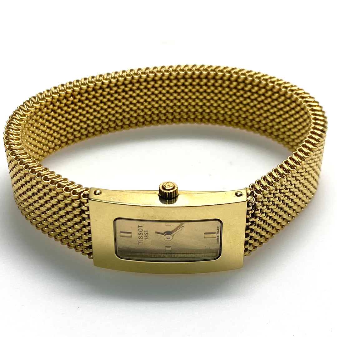 v792 Vintage Tissot Bellflower 18k Yellow Gold Mesh Bracelet Ladies' Wrist Watch