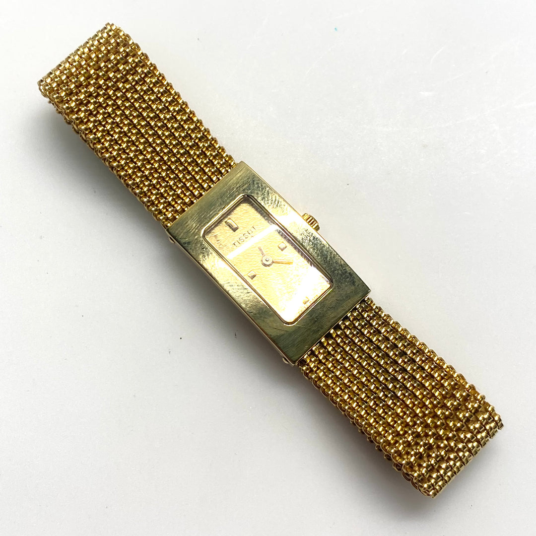 v792 Vintage Tissot Bellflower 18k Yellow Gold Mesh Bracelet Ladies' Wrist Watch