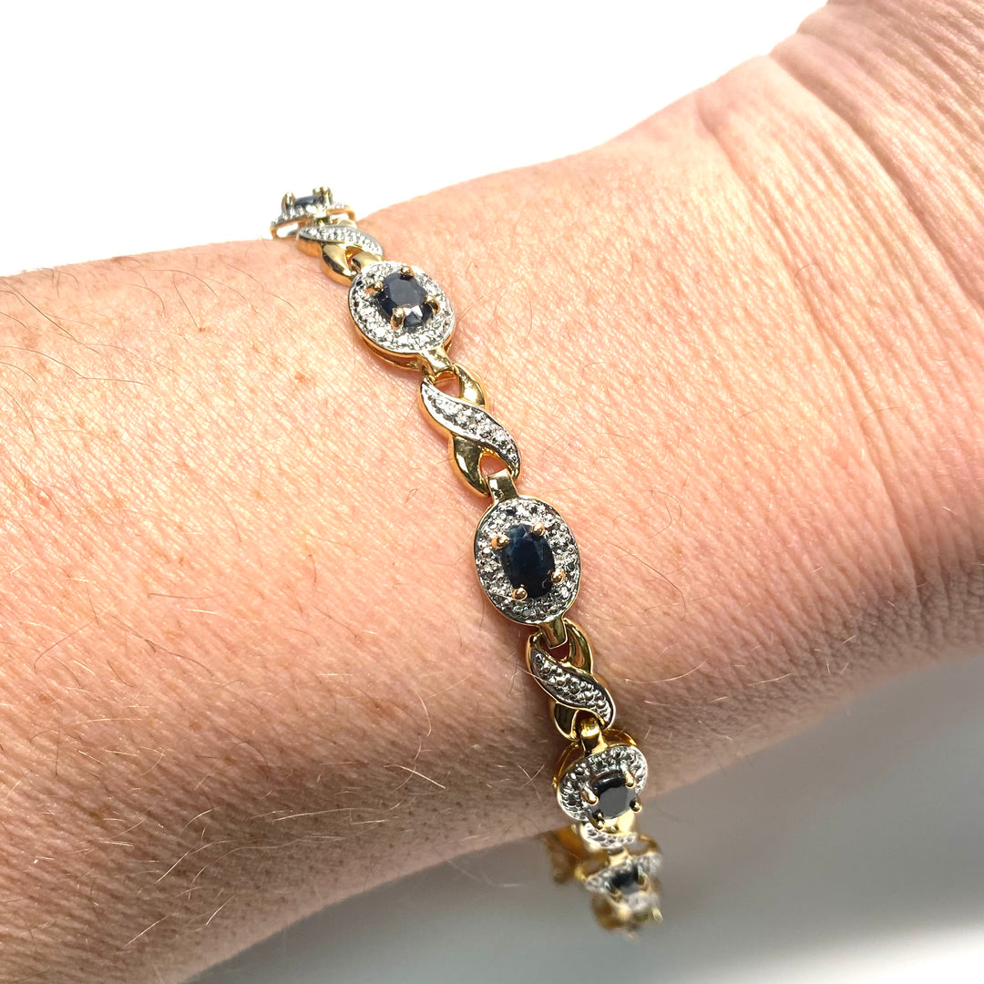 v795 Vintage Oval Link Black and White Stones Sterling Silver 925 Link Bracelet