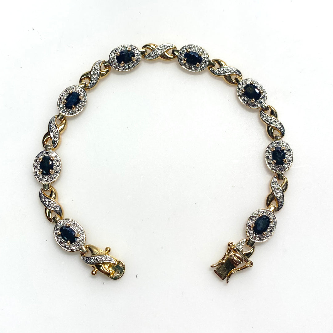 v795 Vintage Oval Link Black and White Stones Sterling Silver 925 Link Bracelet