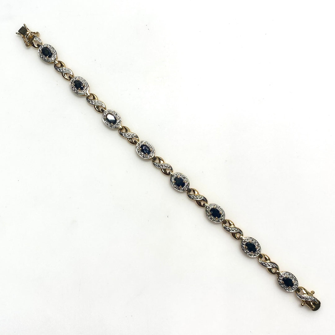 v795 Vintage Oval Link Black and White Stones Sterling Silver 925 Link Bracelet