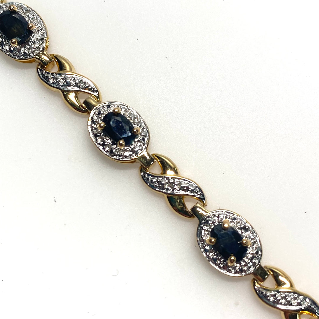 v795 Vintage Oval Link Black and White Stones Sterling Silver 925 Link Bracelet