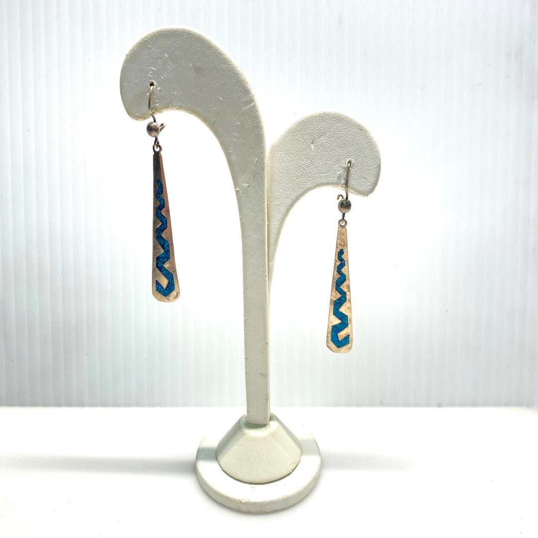 v814 Vintage Mexican Taxco-style Necklace Earring Set Sterling Silver Crushed Turquoise Inlay