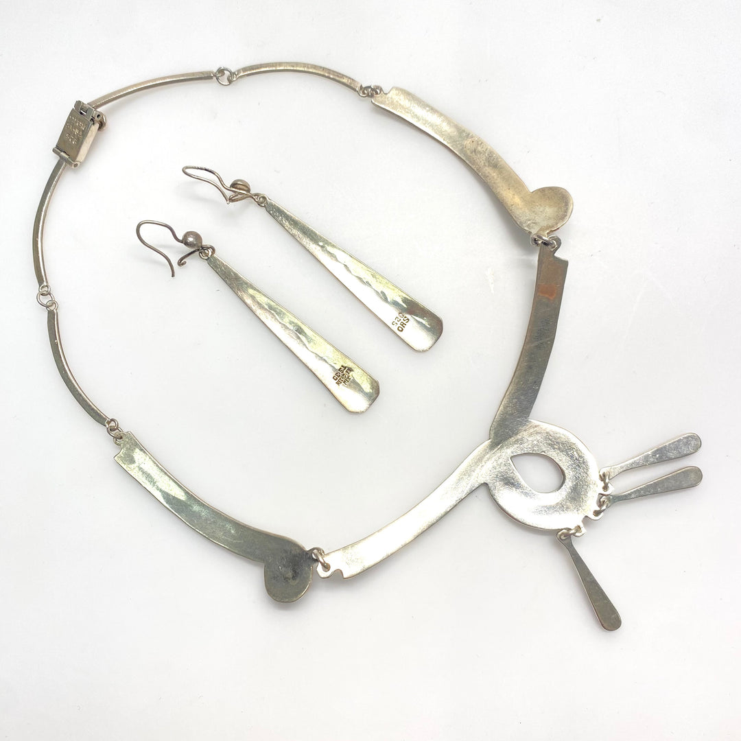 v814 Vintage Mexican Taxco-style Necklace Earring Set Sterling Silver Crushed Turquoise Inlay