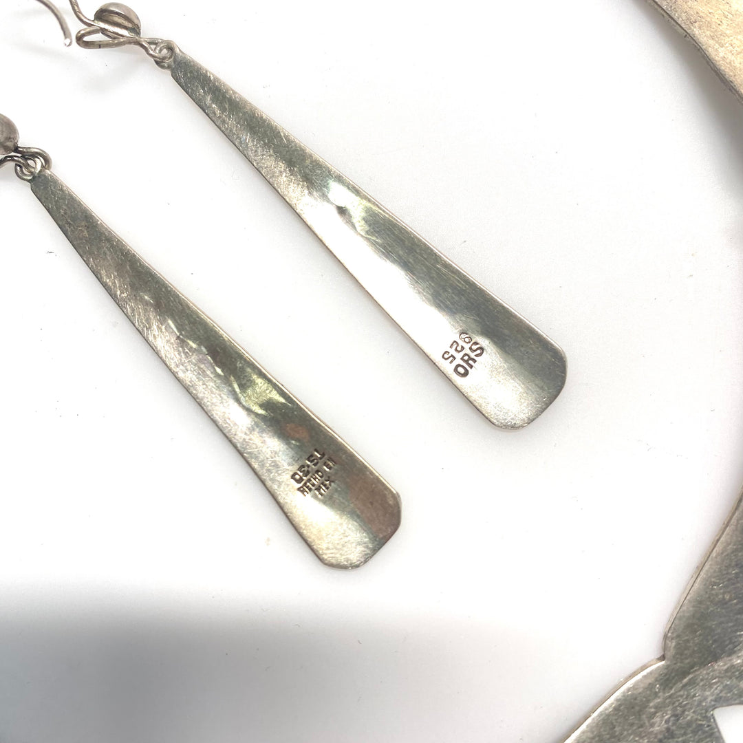 v814 Vintage Mexican Taxco-style Necklace Earring Set Sterling Silver Crushed Turquoise Inlay