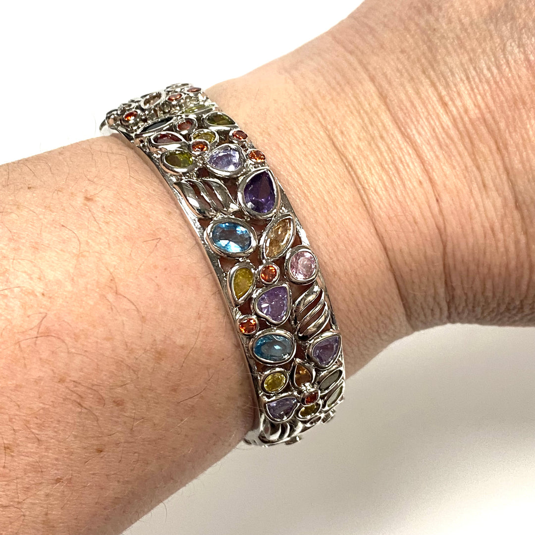 v815 Vintage Sterling Silver 925 Multi-gemstone Mosaic Hinged Bangle Bracelet