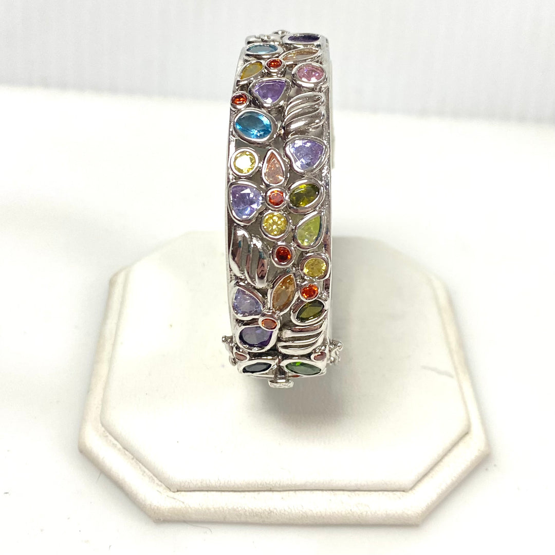 v815 Vintage Sterling Silver 925 Multi-gemstone Mosaic Hinged Bangle Bracelet