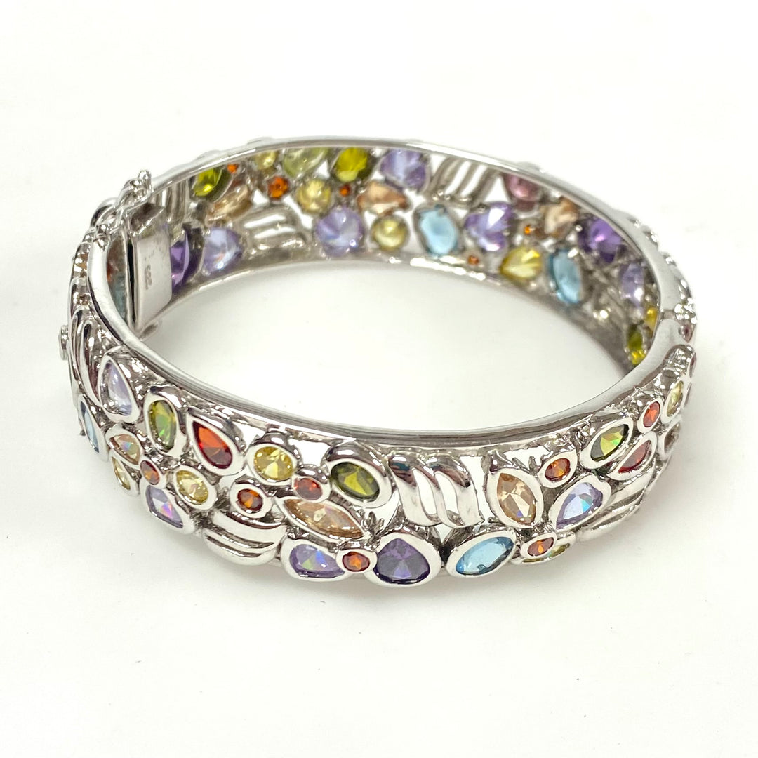 v815 Vintage Sterling Silver 925 Multi-gemstone Mosaic Hinged Bangle Bracelet