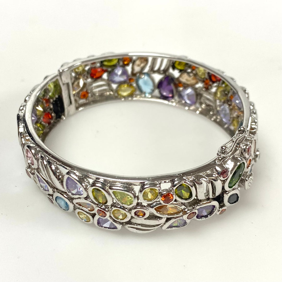 v815 Vintage Sterling Silver 925 Multi-gemstone Mosaic Hinged Bangle Bracelet