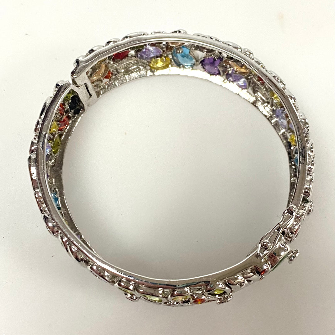 v815 Vintage Sterling Silver 925 Multi-gemstone Mosaic Hinged Bangle Bracelet