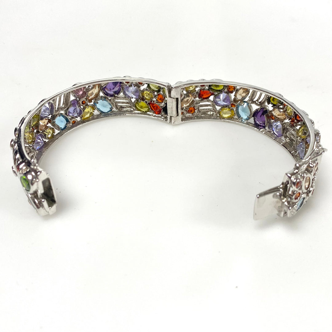 v815 Vintage Sterling Silver 925 Multi-gemstone Mosaic Hinged Bangle Bracelet