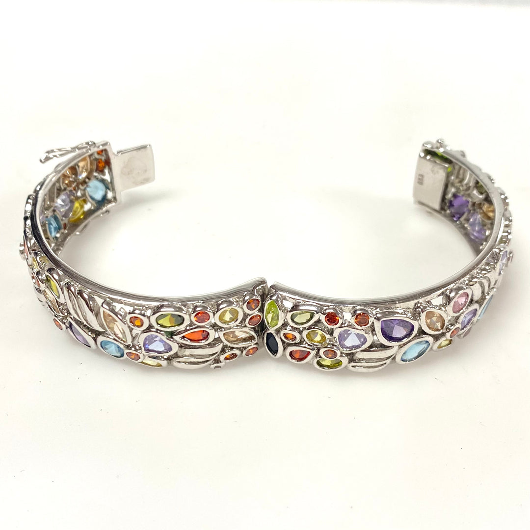 v815 Vintage Sterling Silver 925 Multi-gemstone Mosaic Hinged Bangle Bracelet