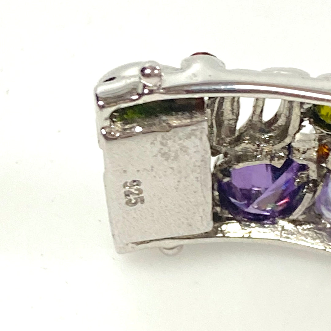 v815 Vintage Sterling Silver 925 Multi-gemstone Mosaic Hinged Bangle Bracelet
