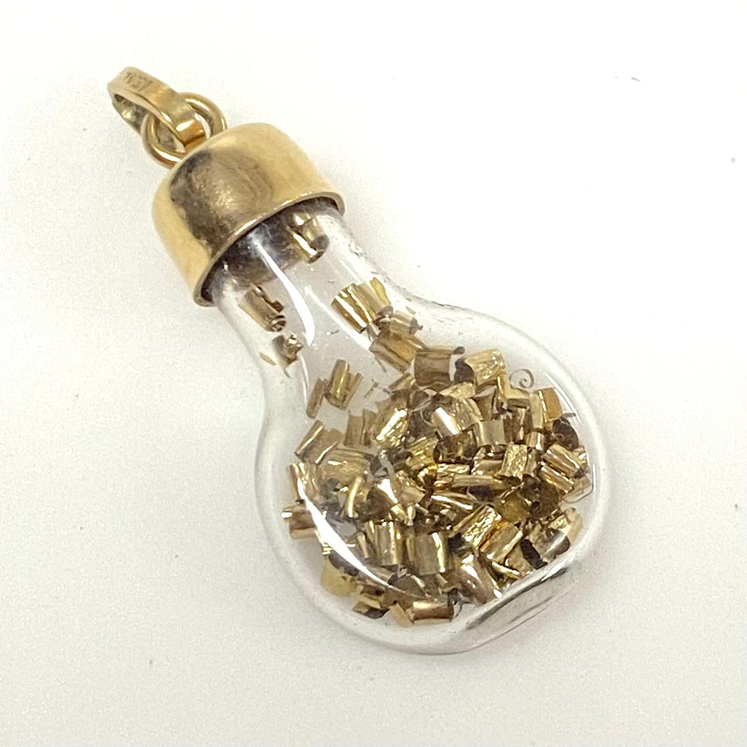 v819 Vintage 14k Yellow Gold Glass Bottle Lightbulb Charm Pendant Gold Shavings