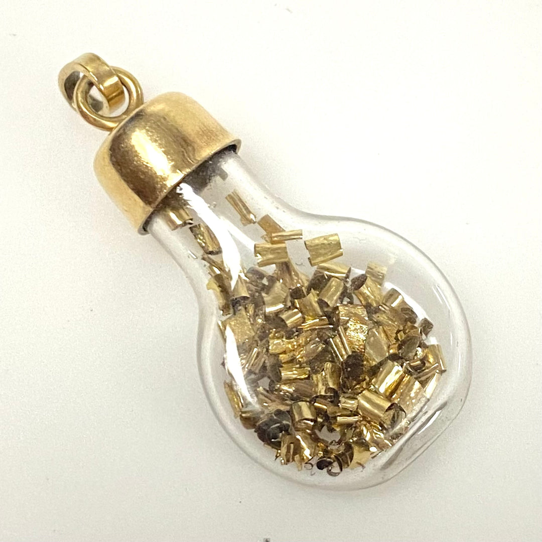 v819 Vintage 14k Yellow Gold Glass Bottle Lightbulb Charm Pendant Gold Shavings