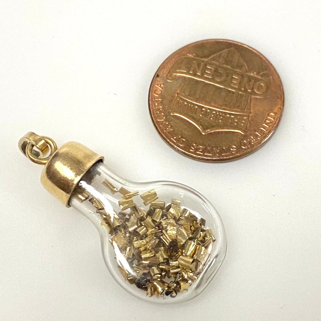 v819 Vintage 14k Yellow Gold Glass Bottle Lightbulb Charm Pendant Gold Shavings