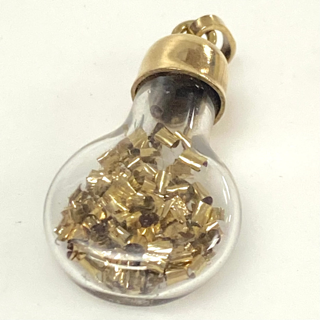 v819 Vintage 14k Yellow Gold Glass Bottle Lightbulb Charm Pendant Gold Shavings