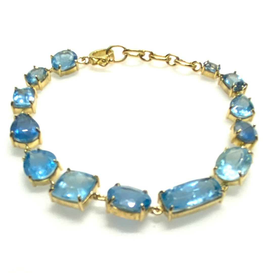 v823 Vintage 18k Yellow Gold Blue Topaz Bracelet Variety of Stone Cuts 8" Long