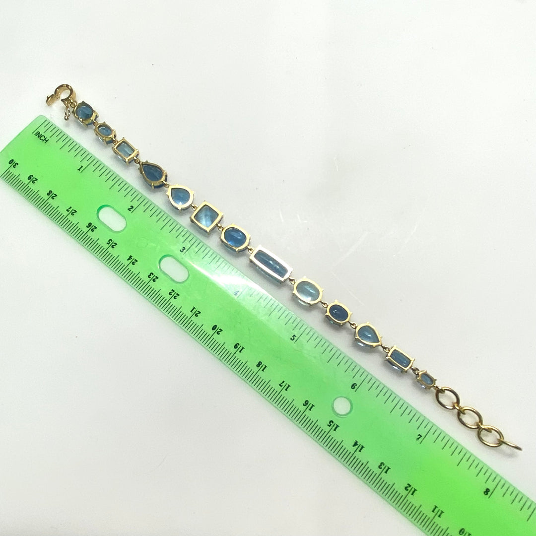 v823 Vintage 18k Yellow Gold Blue Topaz Bracelet Variety of Stone Cuts 8" Long