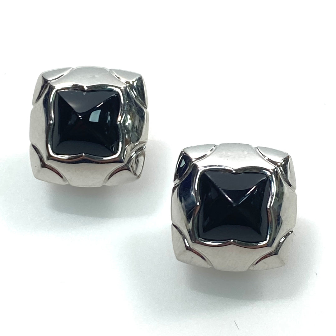 v830 Vintage Bvlgari Roma Pyramid Clips 18kt White Gold Black Onyx Earrings
