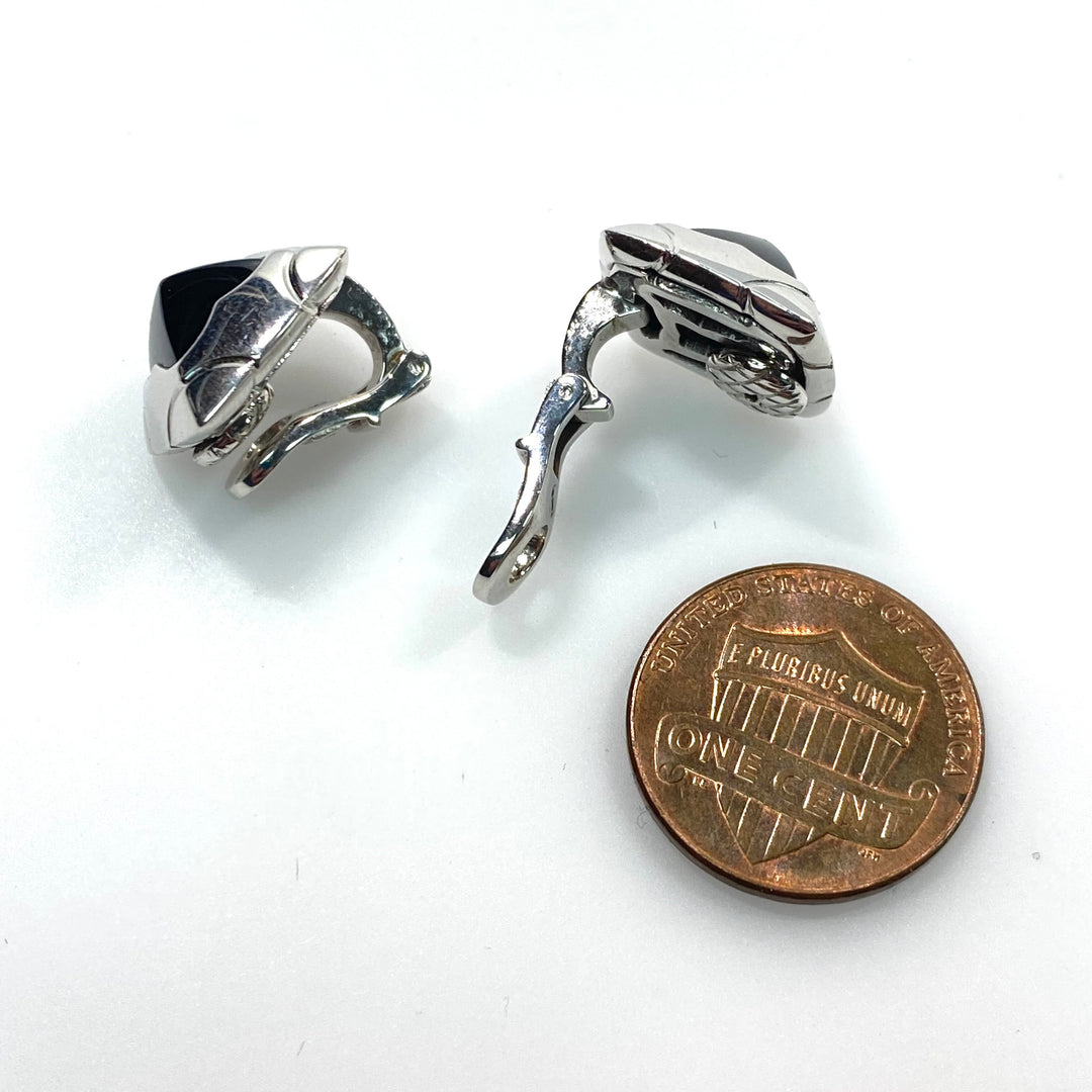 v830 Vintage Bvlgari Roma Pyramid Clips 18kt White Gold Black Onyx Earrings