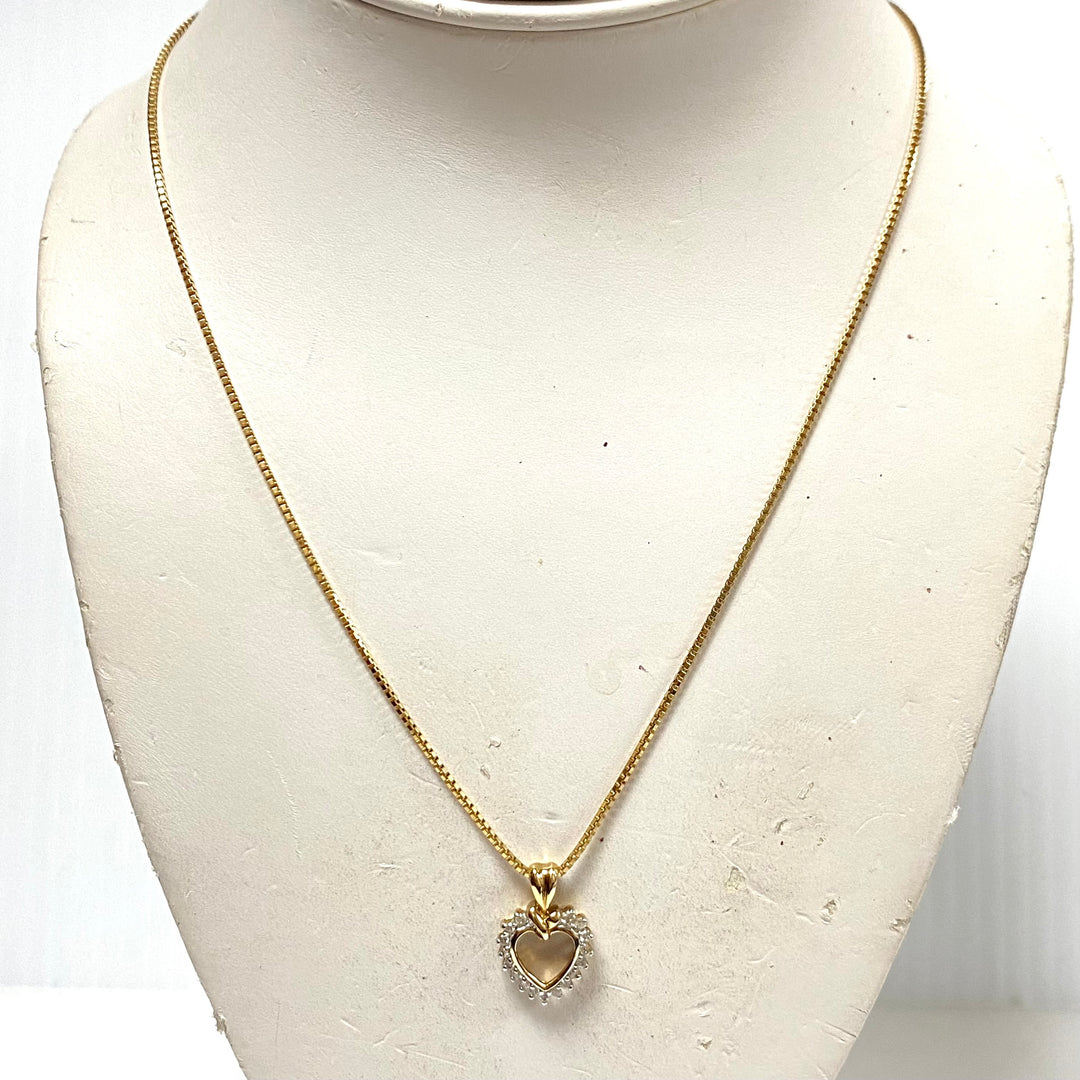 v832 Vintage Open Heart Pendant 14K Yellow Gold Halo of Stones Necklace 18" Long