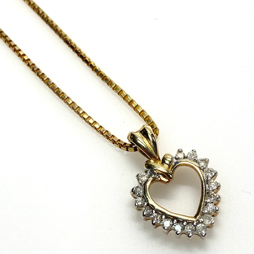 v832 Vintage Open Heart Pendant 14K Yellow Gold Halo of Stones Necklace 18" Long