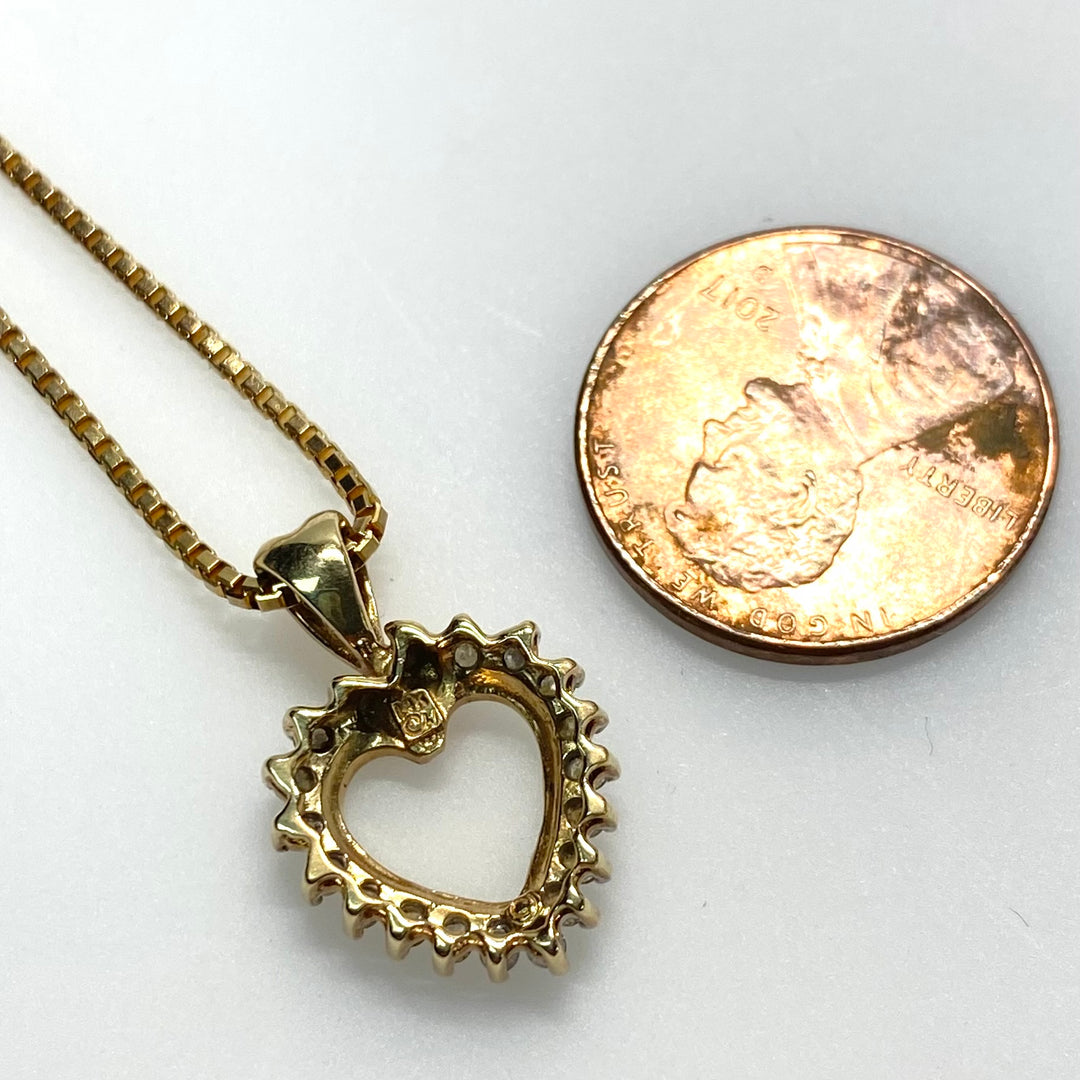 v832 Vintage Open Heart Pendant 14K Yellow Gold Halo of Stones Necklace 18" Long