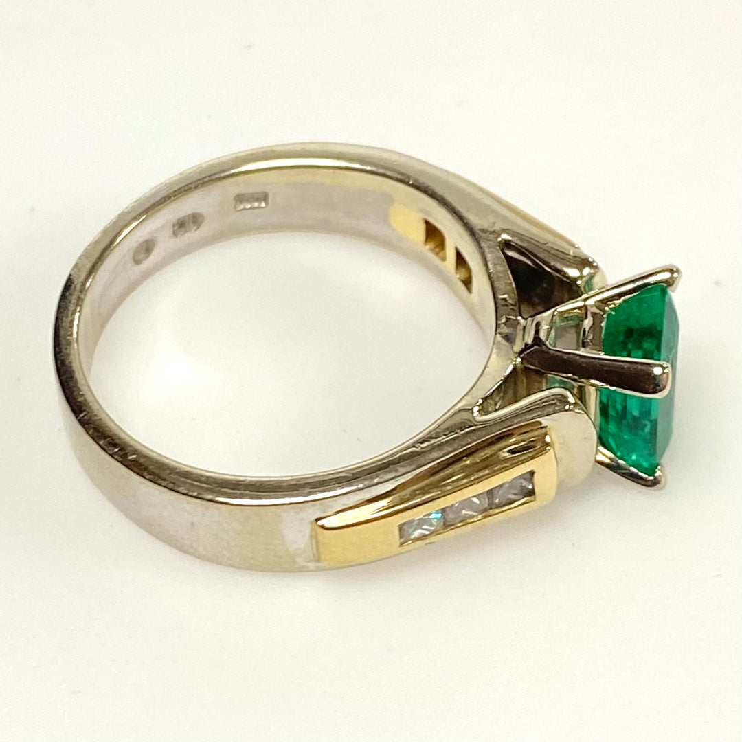 v838 Vintage 14K Yellow White 2-tone Gold Green Emerald Cut Emerald Ring Sz 6