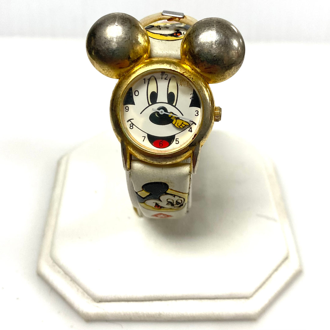 v844 Vintage 3D Gold-toned "Mickey ears" and a Patterned Band Wrist Watch