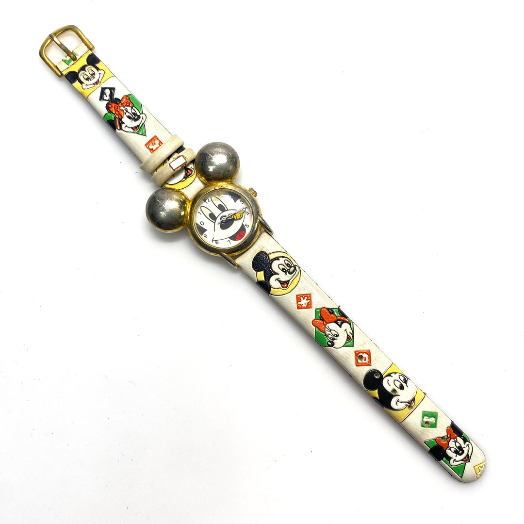 v844 Vintage 3D Gold-toned "Mickey ears" and a Patterned Band Wrist Watch