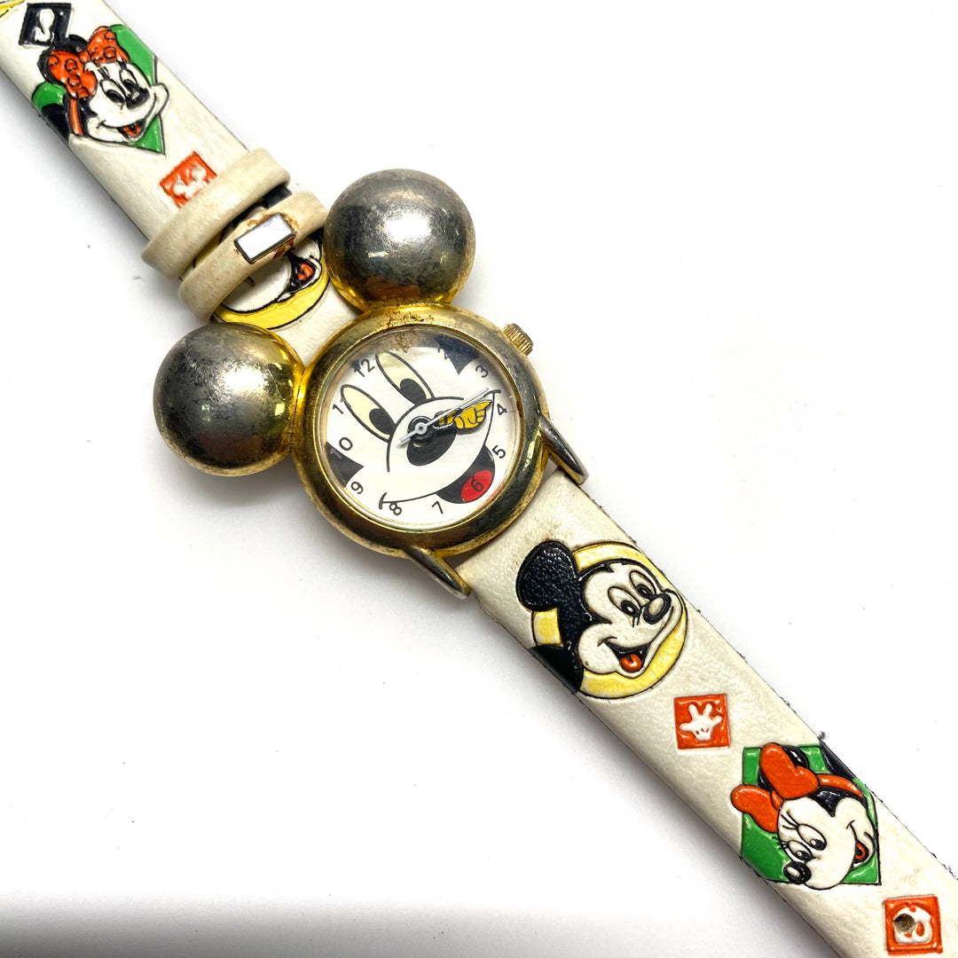 v844 Vintage 3D Gold-toned "Mickey ears" and a Patterned Band Wrist Watch