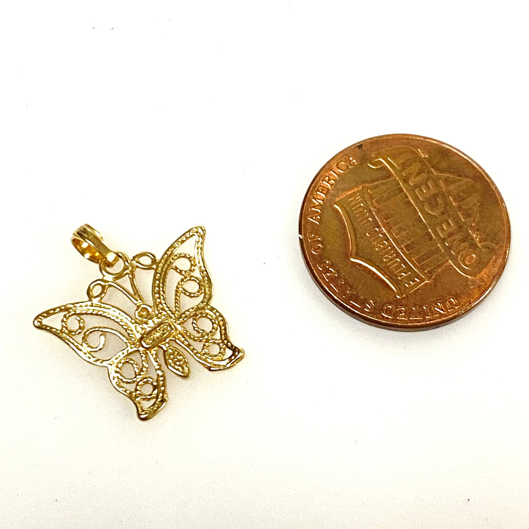 v853 Vintage 14k Yellow Gold Filigree Style Butterfly Pendant Charm