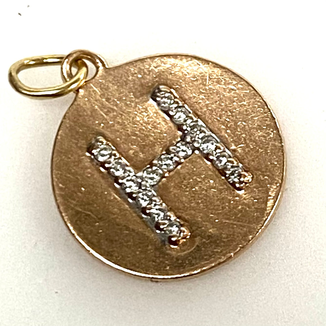 v858 Vintage 14k Rose Gold Round Letter "H" initial Pendant Charm