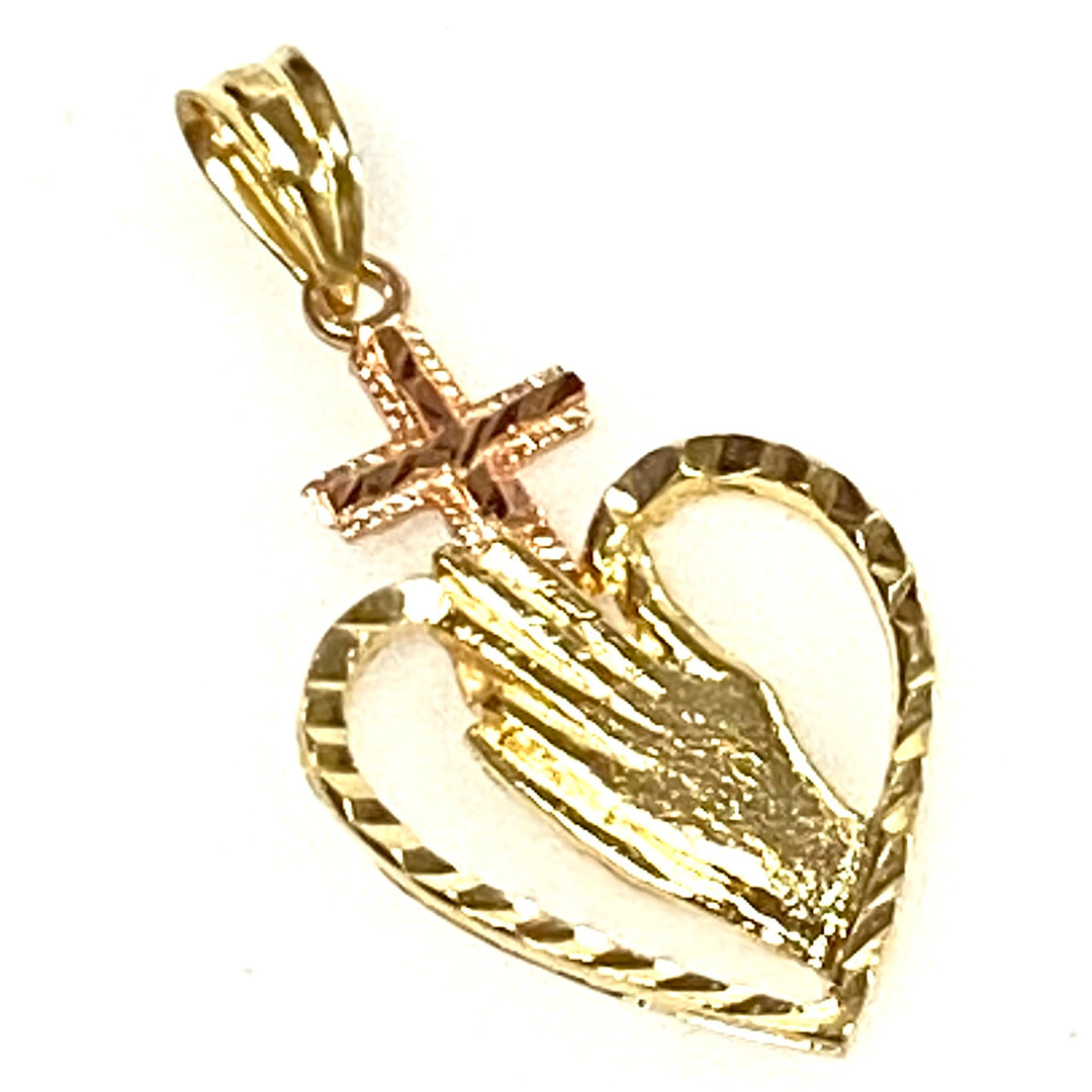 v859 Vintage 14k Two-Tone Gold Praying Hands with Cross and Heart Pendant Charm